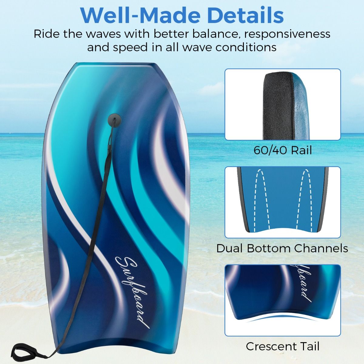 Coast Lightweight Bodyboard 104x52 cm - Blau - Boogieboard mit EPS Kern & HDPE Boden für Jugendliche und Erwachsene