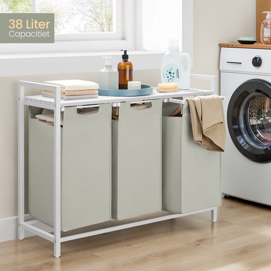 O'DADDY® Wäschekorb 3 Boxen - ausziehbarer Wäschesortierer mit Regal - 114 Liter - 92,5 x 33 x 71 cm - verstellbare Beine - einfach zu montieren - vielseitig und stilvoll aus Metall - weiß