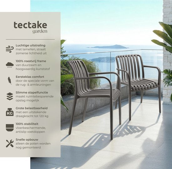 tectake® 2er Set Gartenstühle Alcudia - Anthrazit - Kunststoffstühle mit Armlehne - Gartenset für rund um den Gartentisch oder beim Camping Stapelbar - Stühle für Garten, Terrasse oder Balkon - Wetterfest und UV-beständig - Belastbarkeit 120kg pro Gartens