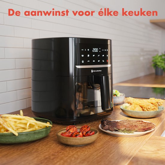 KitchenBrothers Airfryer XL - 6L - 1600W - Heißluftfritteuse - 50ºC bis 200ºC - 10 Kochprogramme - Schwarz