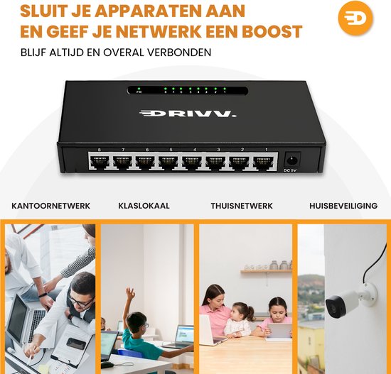 Drivv. Netzwerk-Switch - 8 Ports - Internet-Switch - RJ45-Splitter - schwarz