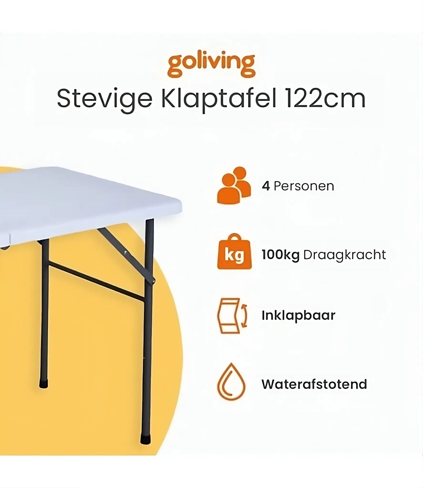 Goliving - Klapptisch - Campingtisch - Wetterfest - 122 x 60 x 74 cm - Weiß