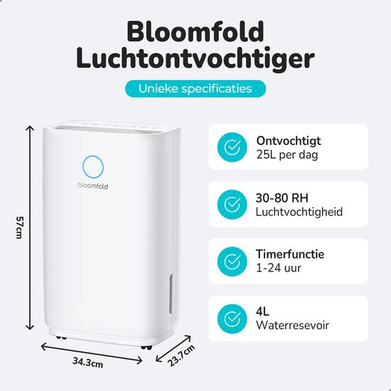 Bloomfold Luftentfeuchter - 25L pro Tag - inkl. Wasch-Trocken-Funktion - geeignet für Wohnzimmer, Schlafzimmer, Keller & Badezimmer - Luftentfeuchter - Weiß