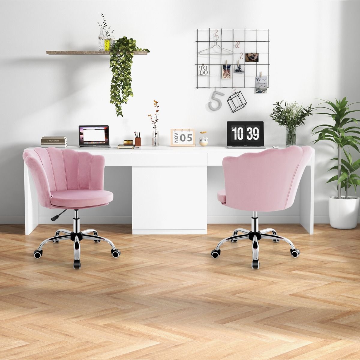 Coast Verstellbarer Bürostuhl aus Samt 51x55.5x74.5-84 cm - Rosa - Drehbar und ergonomisch
