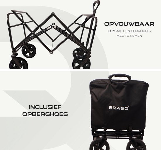 BRASQ Bolderkar Foldable Deluxe WC200 - 108L Kapazität - Mit Schiebestange - Leichtgewicht - Bis zu 100 kg Tragfähigkeit - Inklusive 2 Aufbewahrungstaschen - Schwarz