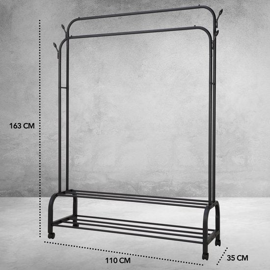 Brixy Kleiderständer - Kleiderständer doppelt - Garderobenständer auf Rädern - Kleiderständer mit Schuhregal - 98 x 34 x 159 cm - Schwarz
