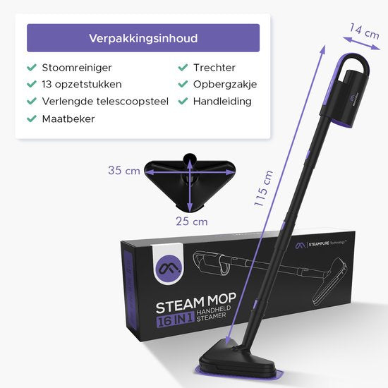 Motionflow 16-in-1 Dampfreiniger - Fleckenreiniger - Handdampfer zur Tiefenreinigung von Boden, Sofa, Bad und Teppich - Dampfmop - Teppichreiniger - Dampfreiniger Schwarz