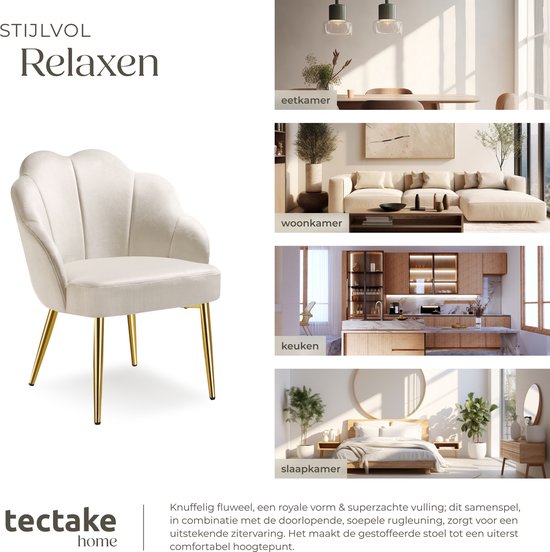 tectake Cocktailsessel - Gepolstert mit Samtbezug - Weich gepolstert - Geschwungene Rückenlehne - Beine aus pulverbeschichtetem Stahl - Creme/Gold