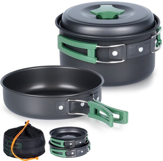 Redcliffs Outdoor Camping-Kochgeschirrset – 2-teilig – Aluminium/Edelstahl – schwarz/grün – Camping