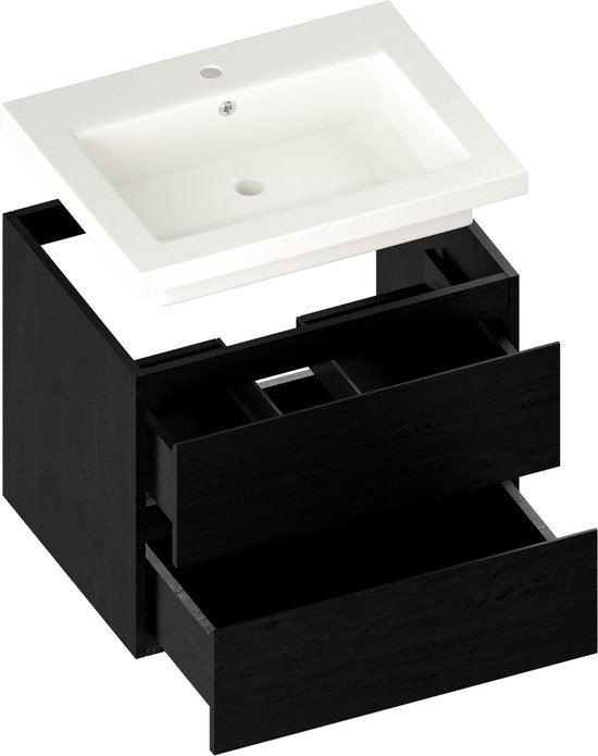 Mirlux Badezimmermöbel Schwarzeiche 60 cm – Waschbecken Weiß – Badezimmermöbel-Set – Waschtischunterschrank Schwarzeiche