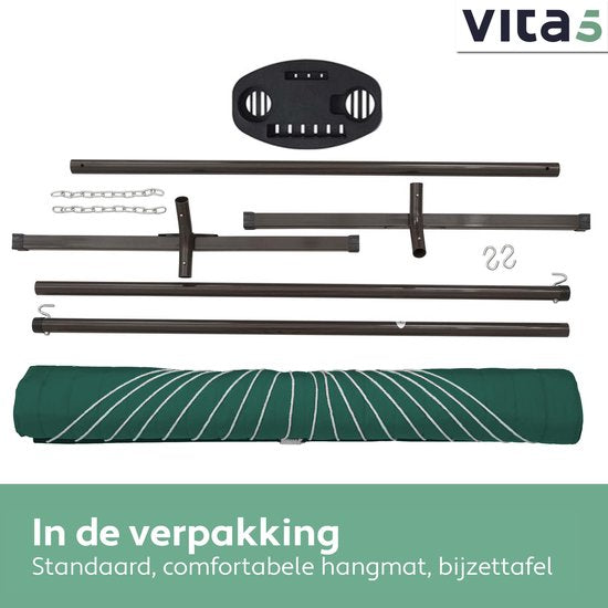 Vita5 Hängematte mit Ständer und Spreizstange – für 2 Personen – inkl. Getränkehalter – abnehmbares Kissen – UV-beständig – Grün