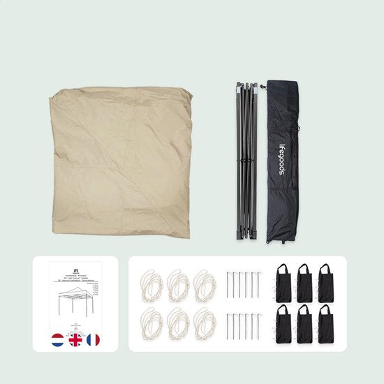 LifeGoods - Partyzelt - Faltbar - Einfacher Aufbau - Wasserdicht - Tragetasche mit Rädern - 3x6 m - Beige