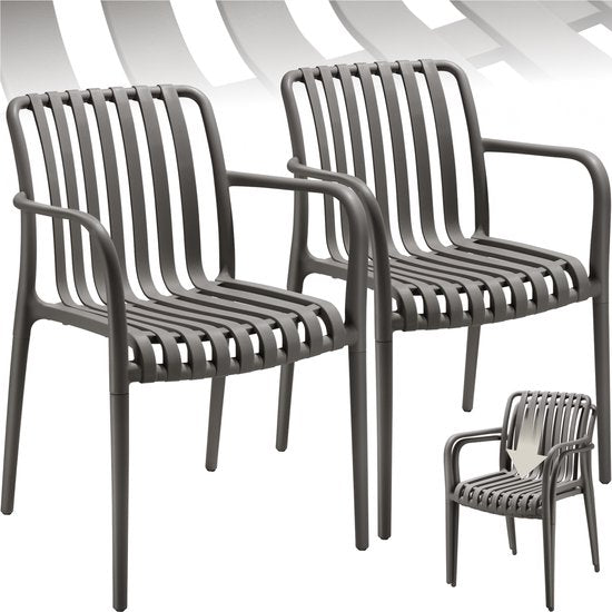 tectake® 2er Set Gartenstühle Alcudia - Anthrazit - Kunststoffstühle mit Armlehne - Gartenset für rund um den Gartentisch oder beim Camping Stapelbar - Stühle für Garten, Terrasse oder Balkon - Wetterfest und UV-beständig - Belastbarkeit 120kg pro Gartens