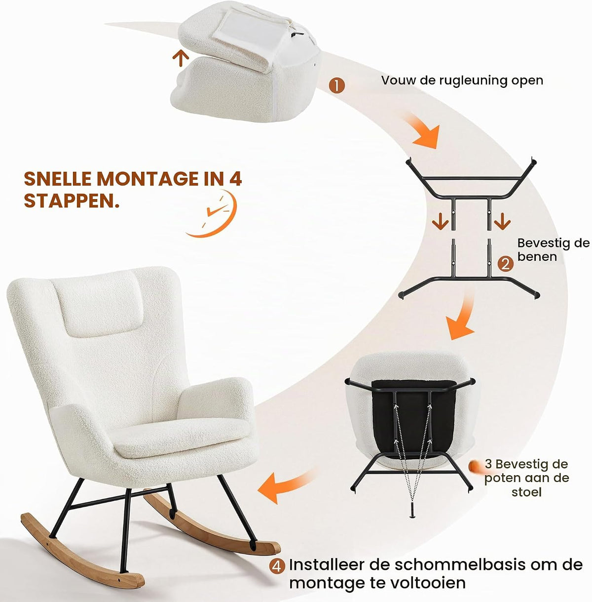 Yaheetech Schaukelstuhl Boucle Weiß mit klappbarer Rückenlehne – 82,5 x 70 x 95,5 cm