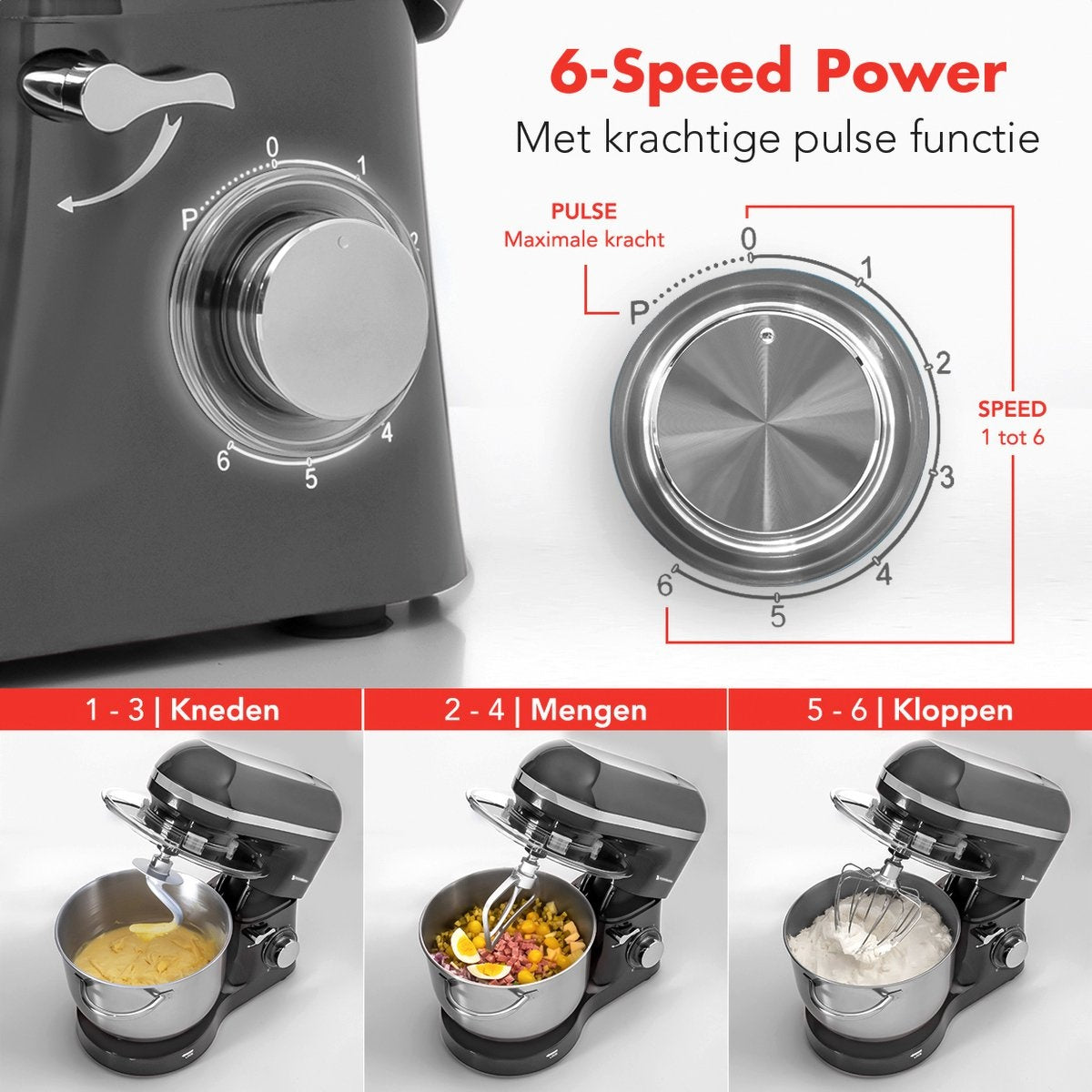 KitchenBrothers Küchenmaschine - Küchenmixer mit 6L-Edelstahl-Mixschüssel - Küchenroboter - 1400W - Anthrazit