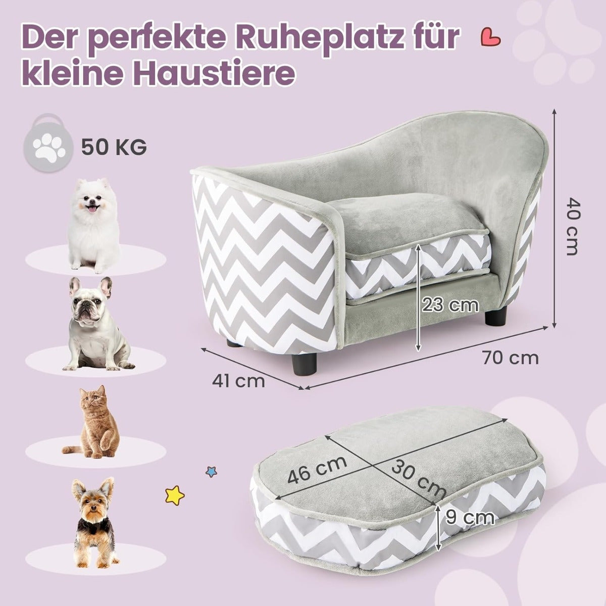 Coast Deluxe Hunde- und Katzensofa 69,5x40x40,5 cm - Grau/Weiß - Komfortables Haustiersofa mit Stauraum