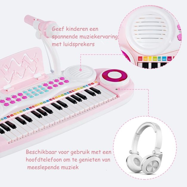 Elektrisches Keyboard mit 37 Tasten für Kinder - Spielzeugklavier mit Mikrofon, Rhythmuslicht und abnehmbaren Füßen - Pink
