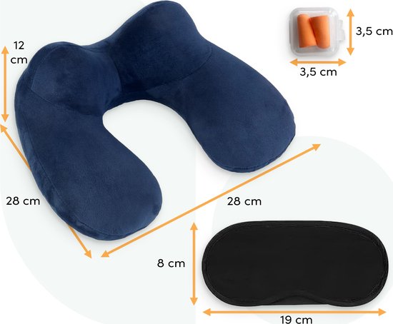 Loti Aufblasbares Nackenkissen Set 3 in 1 mit Aufbewahrungsbeutel - Flugzeugkissen - Reisekissen - Samt - Inklusive Schlafmaske und Ohrstöpsel - Blau