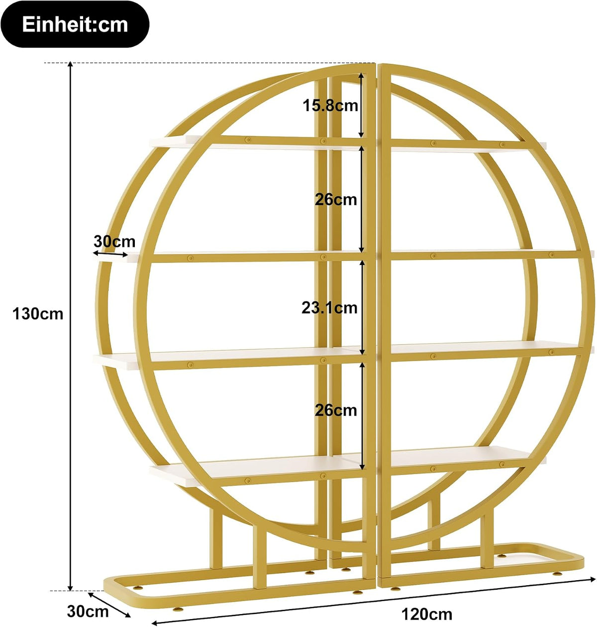 Ligterra Rundes Bücherregal – 2 halbrunde Module – Goldfarbenes Metall mit weißen Regalböden – 120 x 30 x 130 cm