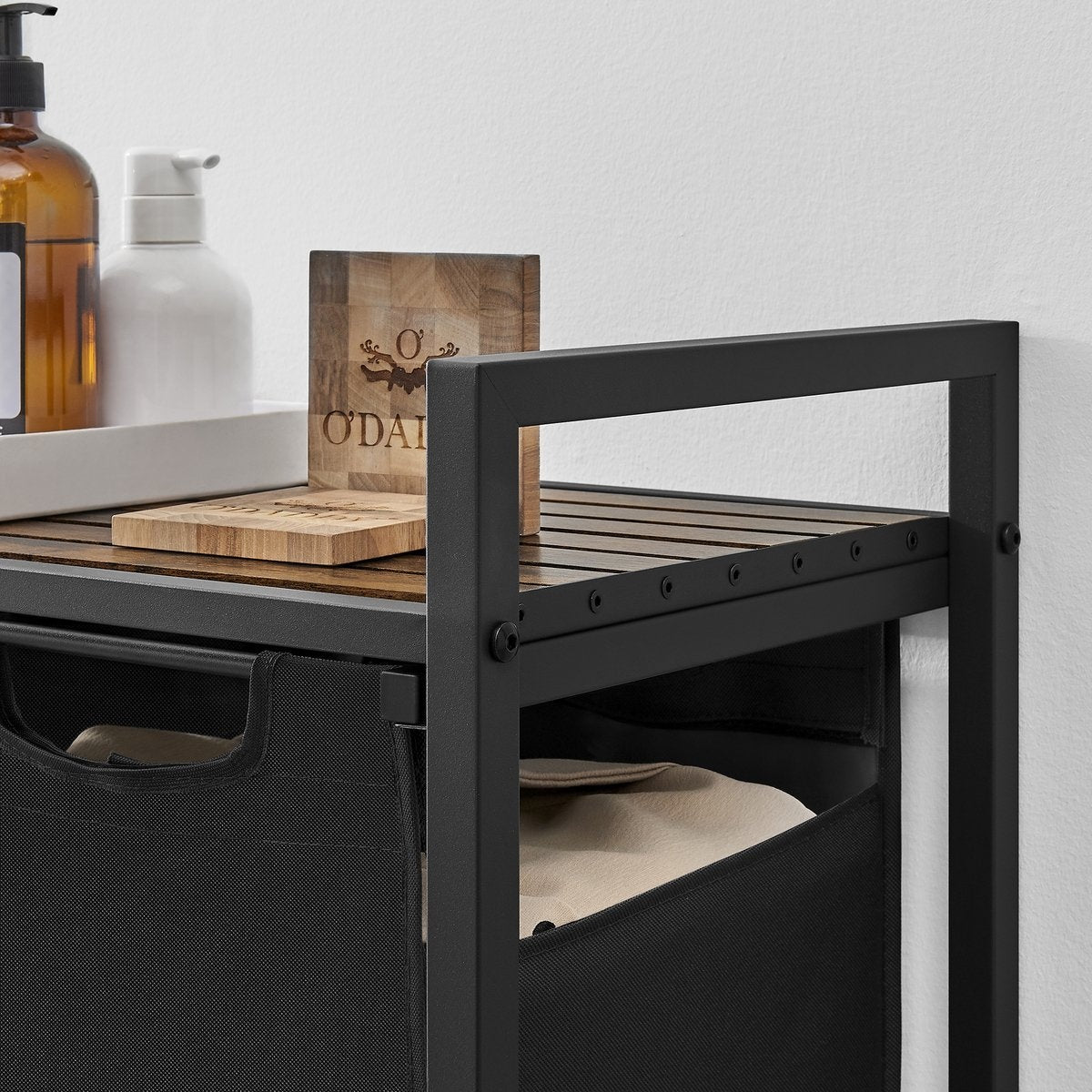 O'DADDY® Wäschekorb 3 Fächer - Wäschesortierer - ausziehbar mit Einlegeboden - 92,5 x 33 x 71 cm - Wäschekorb - 168 L unterteilt in 3 Fächer - Wäschekörbe - Wäschekorb schwarz Metall - Holz braun