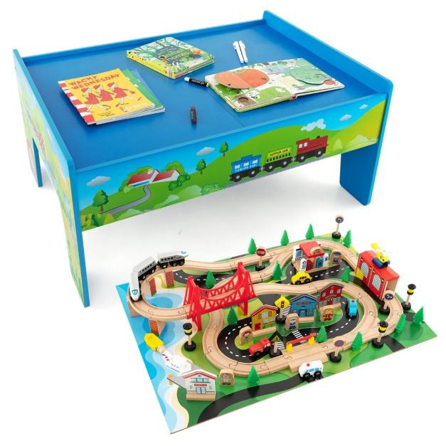 Coast Train Set und Holztisch 80 Stück Reversible und abnehmbare Desktop solide Holzschienen Figuren Fahrzeuge Häuser