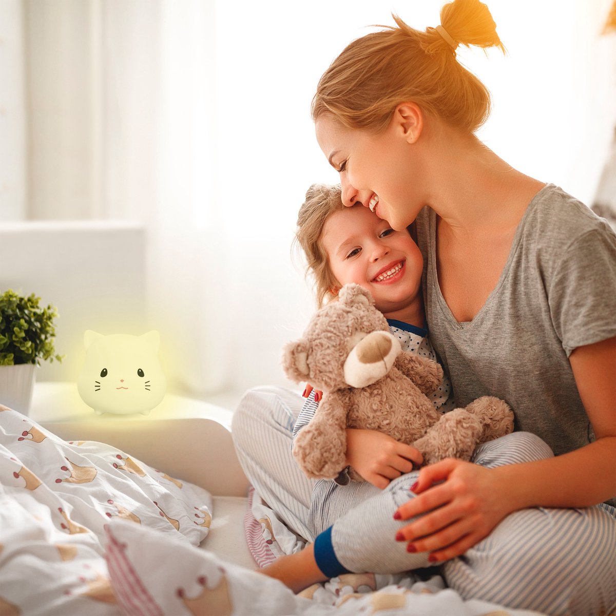 Sleepy Friends Premium Katzen-Nachtlicht Kinderzimmer - USB aufladbar, dimmbar, weich & sicher - 95 x 97 x 100 mm - Grau