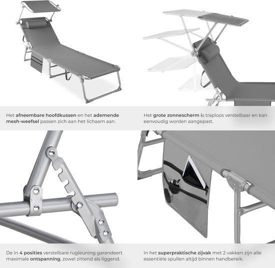 tectake® - Liege Sonnenliege Liege - 4 Positionen, klappbar - grau - 68 x 190 x 28 cm, mit Seitentasche