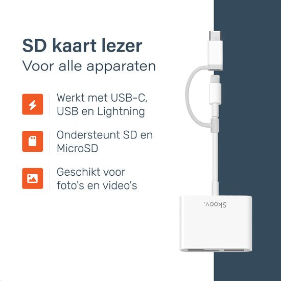 Skoov SD Kartenleser - Kartenleser für iPhone und USB-C - Micro SD und SD Kartenleser - Lightning Adapter - Speicherkartenleser - SD und Micro SD Leser - USB zu USB C