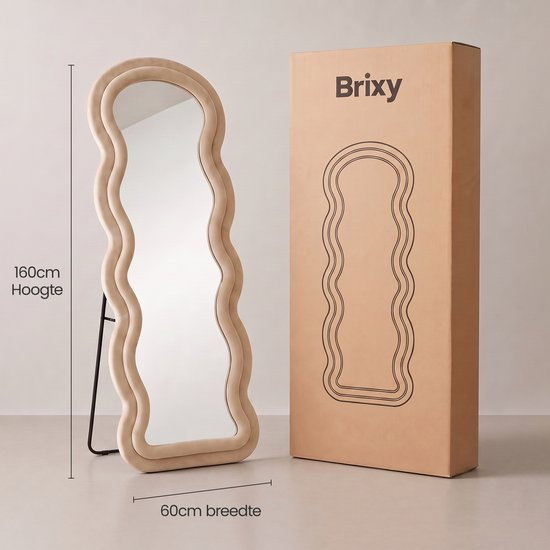 Infinity Goods Wandspiegel „Wavy“ – 160 x 60 cm – Design-Wandspiegel – gepolsterter Standspiegel – Wildleder – Beige