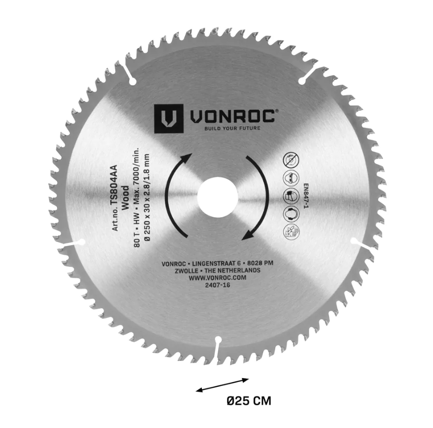 Sägeblatt 80T - Ø 250 x 30 x 2.8/1.8mm | für VONROC Sägetische TS504AC, TS505AC und universal