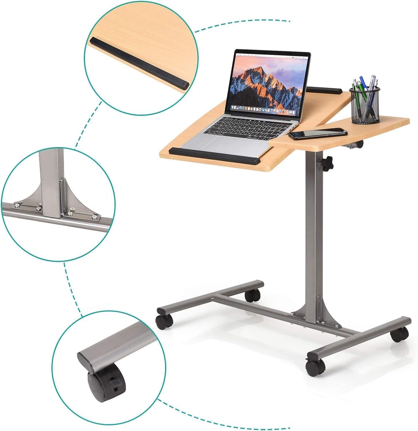 RELAX4LIFE Betttisch für Computer 64 x 45 x 64-95 cm, höhenverstellbar, mit 4 Rollen, kippbare Ablage, natur