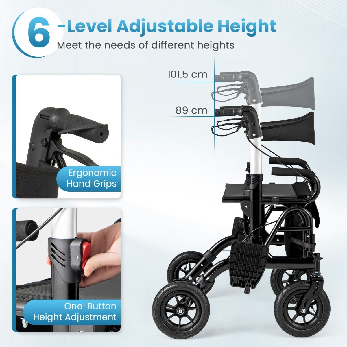 Coast 2-in-1-Rollator und Rollstuhl – Luftreifen – 6-fach höhenverstellbar – schwarz