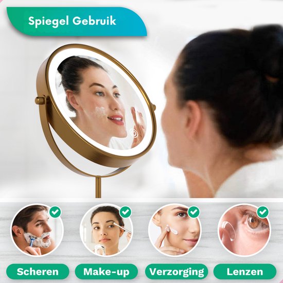Mirlux Make-up-Spiegel mit LED-Beleuchtung - 10x Vergrößerung Licht - Rasierspiegel klein auf Fuß - 3 Lichtstufen - wiederaufladbar - Vergrößerungsspiegel Gold