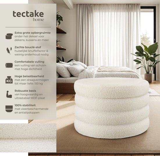 tectake - Fußhocker Altu XL - Bouclé-Sitzhocker mit Ablage - Cremeweiß, Ø 67 x 42 cm - Stabiler MDF-Rahmen - Max. 150 kg