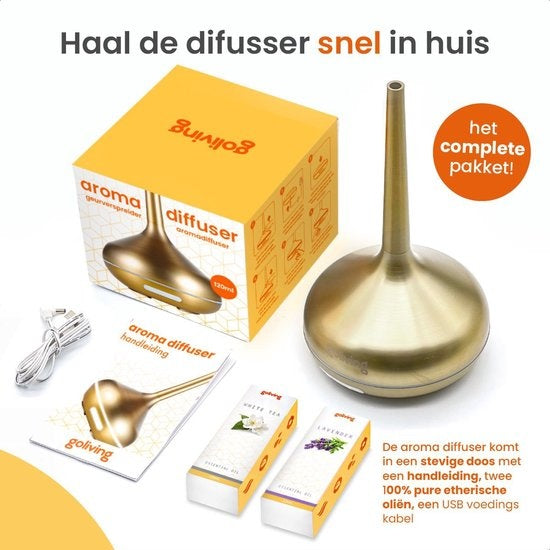 Goliving Aroma Diffuser - Luftbefeuchter - Aromatherapie - Inkl. 2x ätherisches Öl - 10 LED Farben - Duftdiffusor - Gold