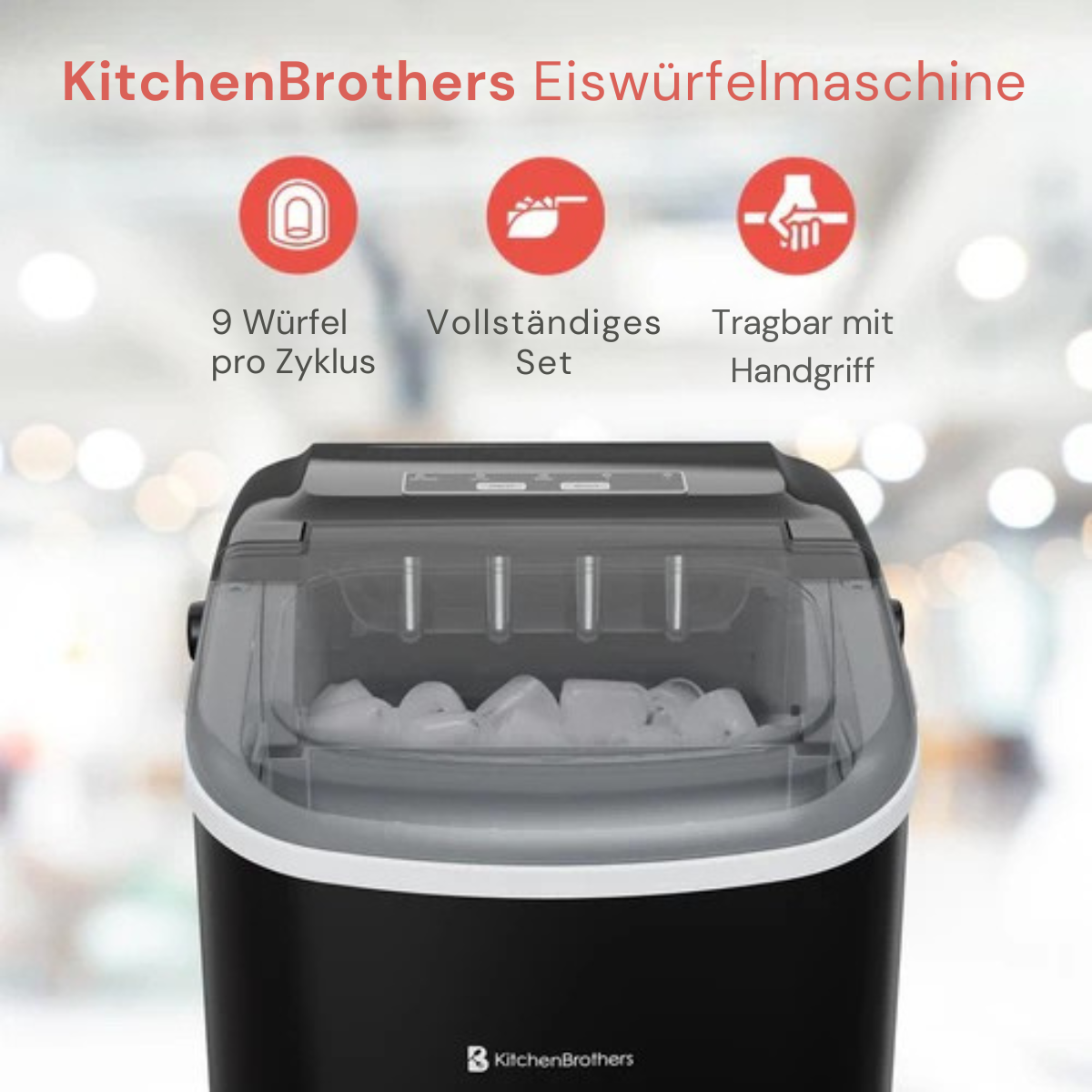 KitchenBrothers - Eiswürfelmaschine - mit Eisportionierer - Tragbar mit Handgriff - 1.2L - 7-10 min. - 12kg/24h - Schwarz