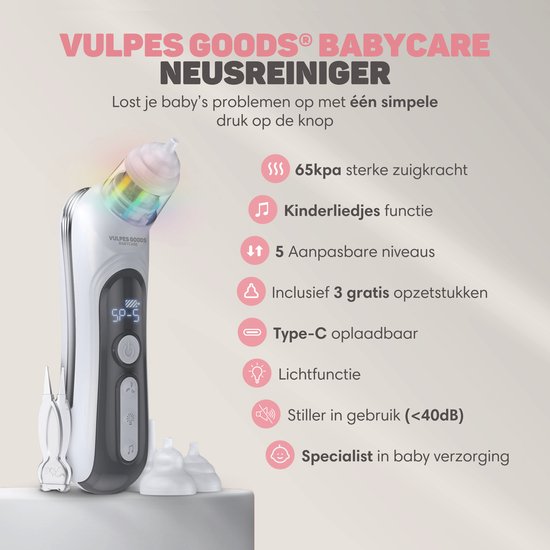 Vulpes Goods® BabyCare - Baby-Nasenreiniger - Baby-Nasenreiniger elektrisch - Nasendusche elektrisch - Nasenreiniger - Nasenwischer - Nasensauger - Große Batterie - USB C - PRO