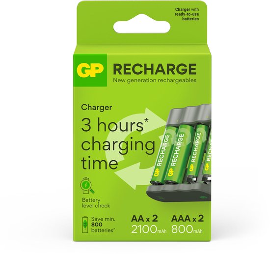 GP Recharge Ladegerät für AA- und AAA-Batterien – 4 Ladeschächte, USB-Anschluss, sicheres und schnelles Laden, kompaktes Ladegerät mit wiederaufladbaren Batterien: 2x AA 2100 mAh / 2x AAA 800 mAh