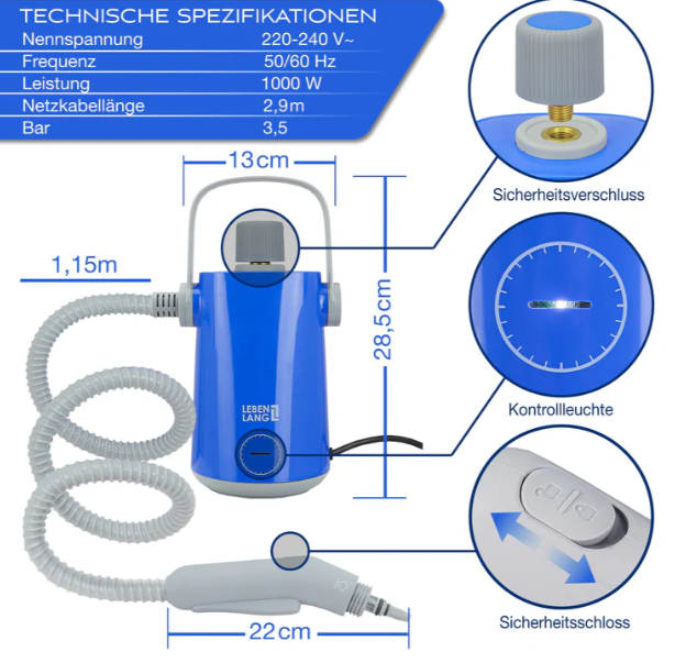 LEBENLANG - Elektrischer Dampfreiniger Handdampfreiniger - 1000W & 300ml + 10x Zubehör
