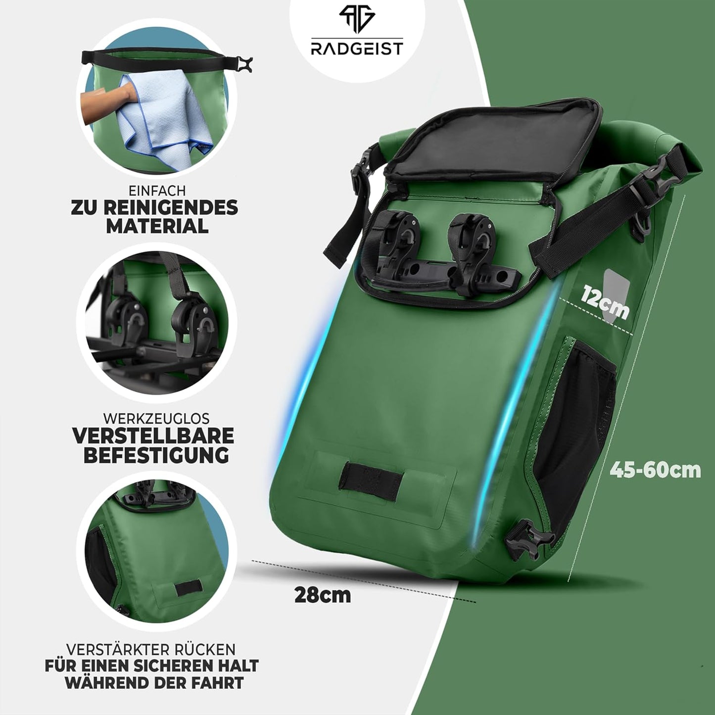 RADGEIST 3in1 Fahrradtasche für Gepäckträger I Fahrradtasche, Rucksack & Umhängetasche 18-22L I Tasche für Fahrrad 100% wasserdicht grün