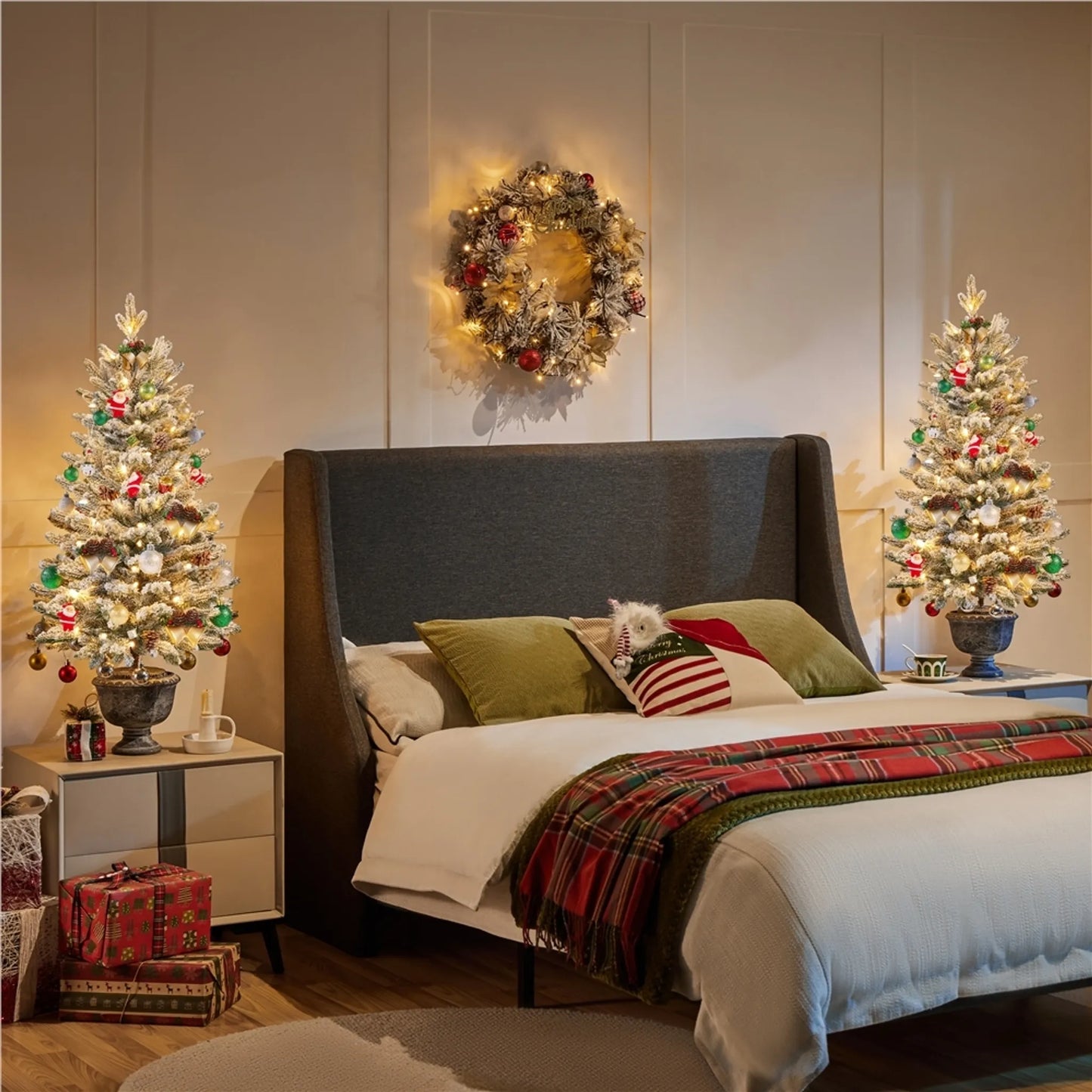 Yaheetech Tisch-Weihnachtsbaum mit Schnee und Lichtern - Φ55 x 92 cm - Mit 355 Zweigen und 50 LED-Lichtern und realistischem Stamm - Für Fensterbank und draußen - Grünes PVC und Metall