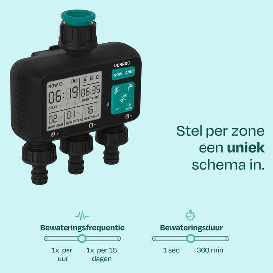 VONROC 3-Wege-Bewässerungsuhr - Bewässerungscomputer für 3 Zonen - Bewässerungszeit und -häufigkeit pro Zone einstellbar