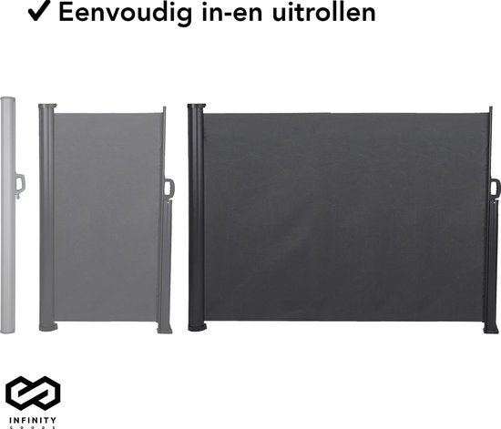 Infinity Goods - Ausziehbarer Windschutz - 300 x 140 cm - Ausziehbar - Einziehbar - Sonnenschutz - Garten, Strand, Terrasse, Balkon, Camping - Sichtschutz - Seitenmarkise - Wetterfest - Anthrazit