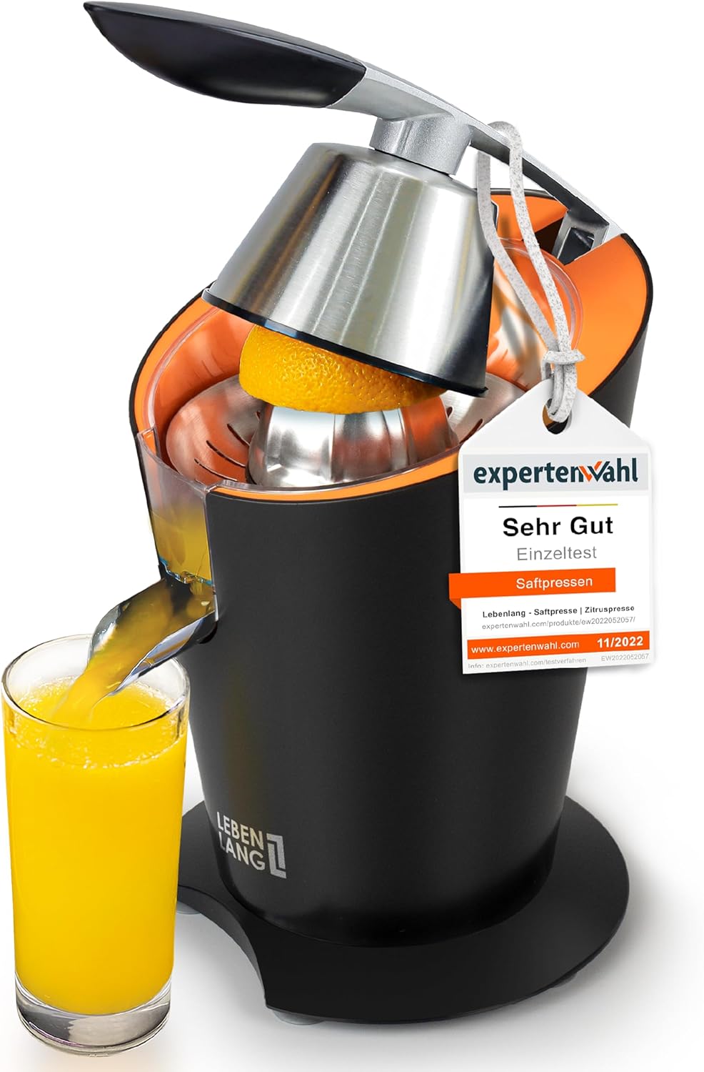 LEBENLANG Elektrische Orangenpresse 600 W - Schwarz, 20 x 20 x 31 cm, Edelstahl, inkl. Hebelarm
