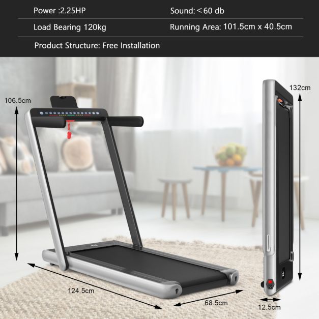 2-in-1 faltbares elektrisches Laufband - Silber - mit Bluetooth-Lautsprecher, doppelter LED-Anzeige und 40x100 cm Lauffläche