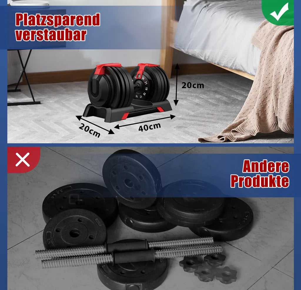 DH FitLife Verstellbares Hantelset 2x 24 kg - 3-24 kg pro Hantel - Schwarz - Gusseisen - 12-in-1-System