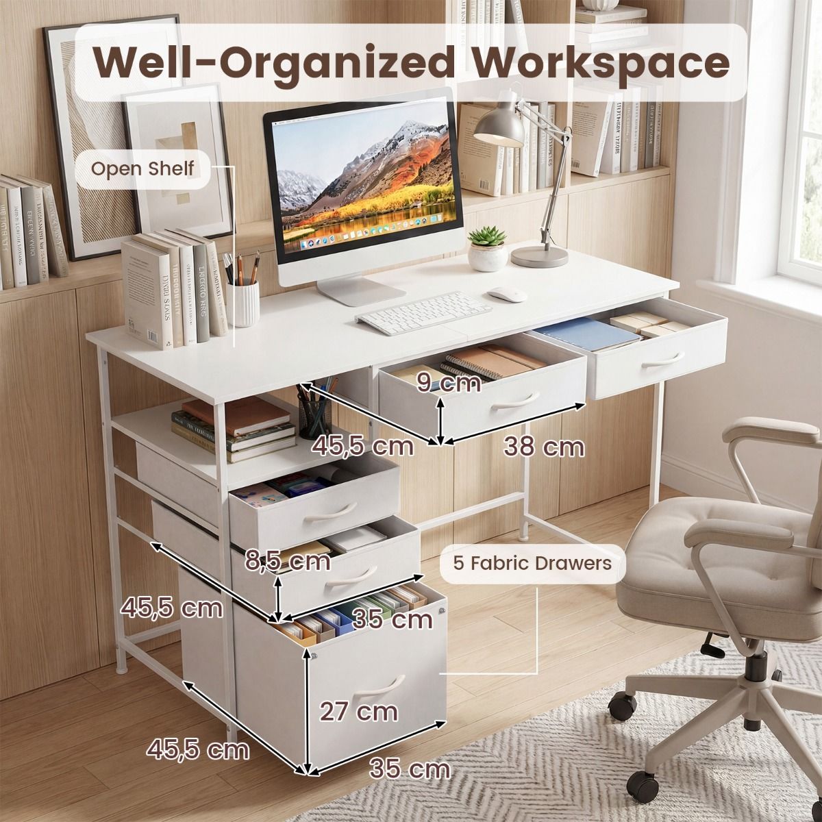 Coast Computertisch – mit Stauraum und offenem Regal – 5 Stoffschubladen – Metallgestell – 120 x 50 cm – Café & Schwarz