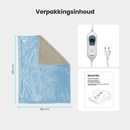 Auronic Electric Blanket - 200 x 180 cm - Heizdecke - 2 Personen - 3 Heizstufen - Decke - Mit Timer - Heizdecke - Hellblau