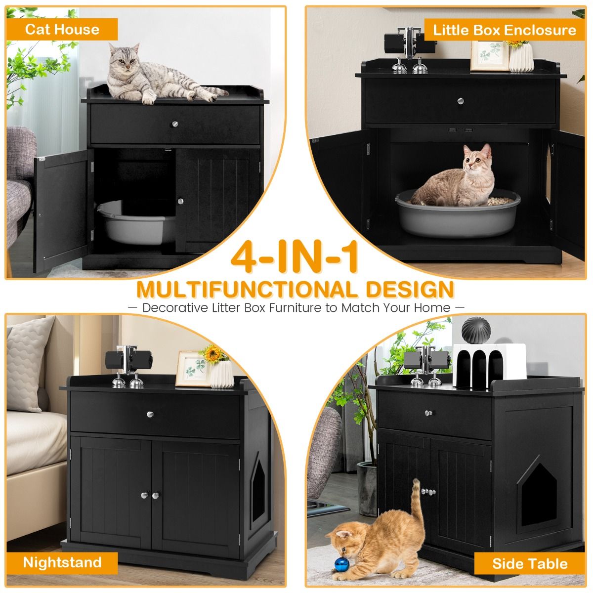 Coast Katzenklo und Katzenhaus mit Schublade und 2 Türen - Schwarz - 76 x 53 x 73,5 cm - Multifunktionaler Beistelltisch