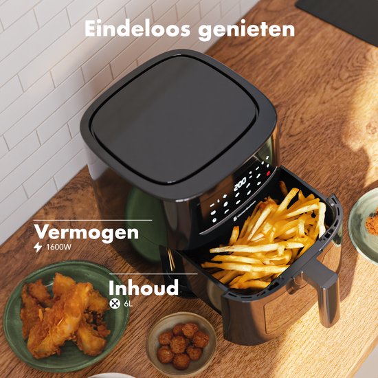 KitchenBrothers Airfryer XL - 6L - 1600W - Heißluftfritteuse - 50ºC bis 200ºC - 10 Kochprogramme - Schwarz